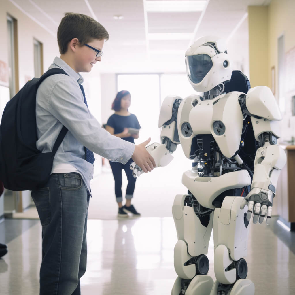 Student shaking hands with robot